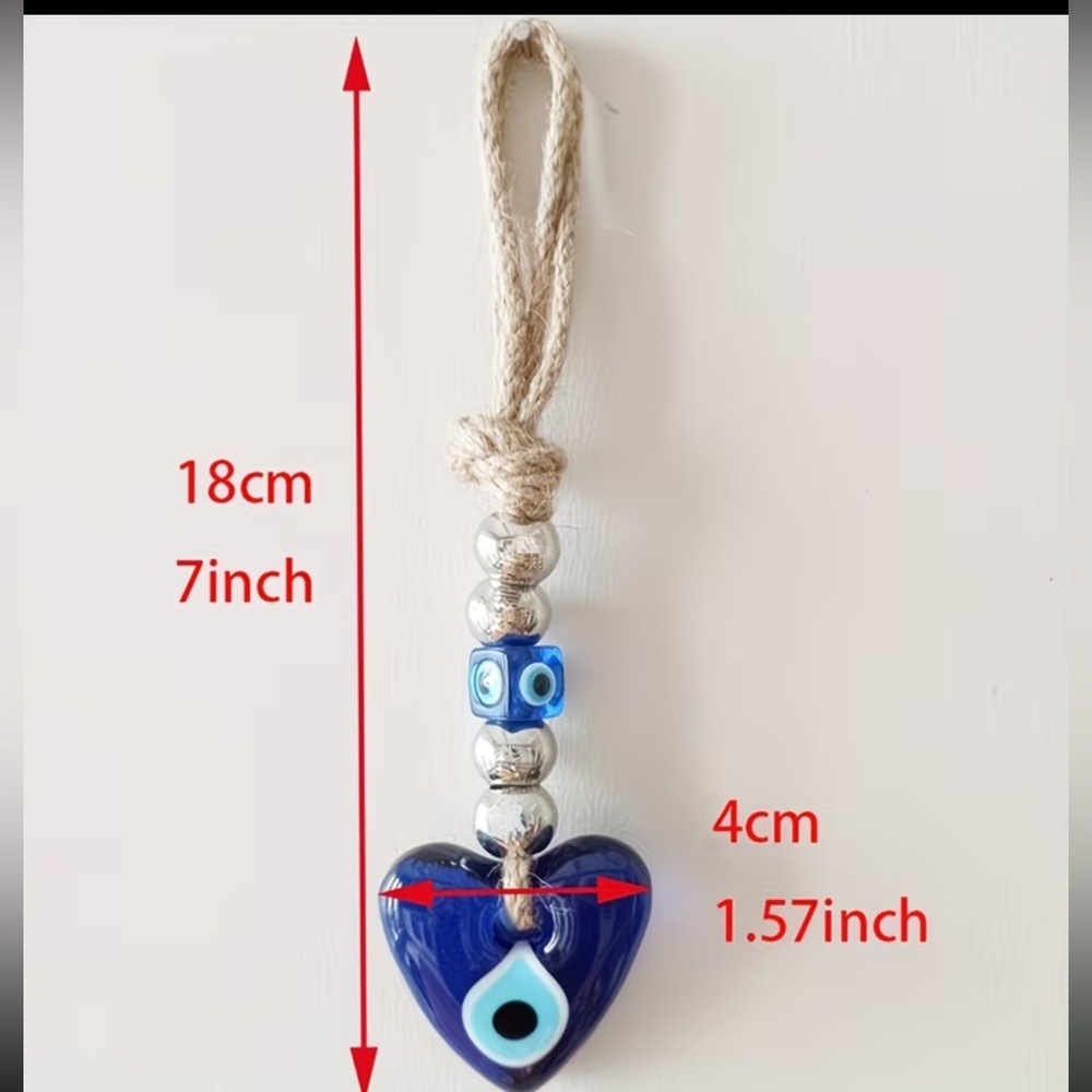 1 Handmade GREEK Glass Blue Evil Eye Heart Worried Bead ornament NW last one 7” - Picture 7 of 7